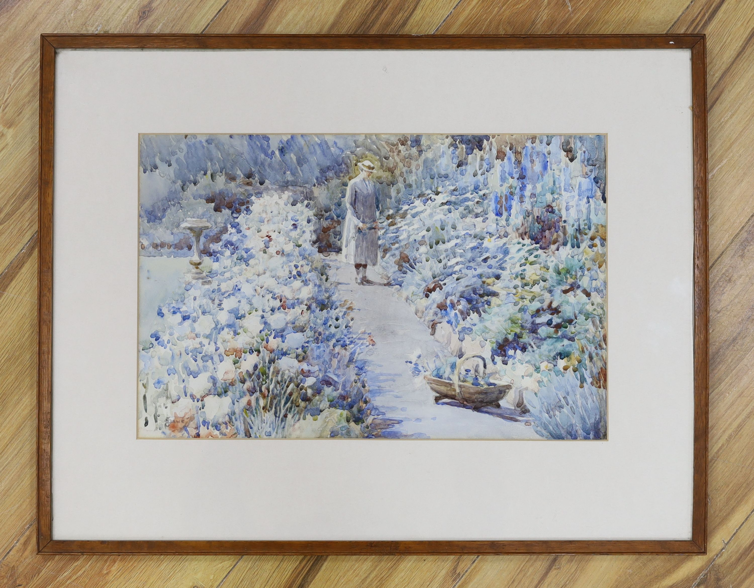 Miss Jessie Dawe (fl.1903-1905), watercolour, 'Greenways Garden, Buxton', signed with label verso, 26 x 40cm